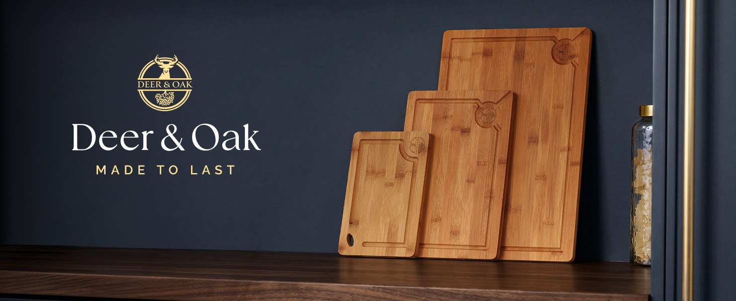 3pc cutting board carbonized set displayed vertically on kitchen countertop