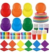 durony 504 Pieces Rainbow Disposable Party Tableware Set Serves 72 Guests 7" & 9" Rainbow Paper P...