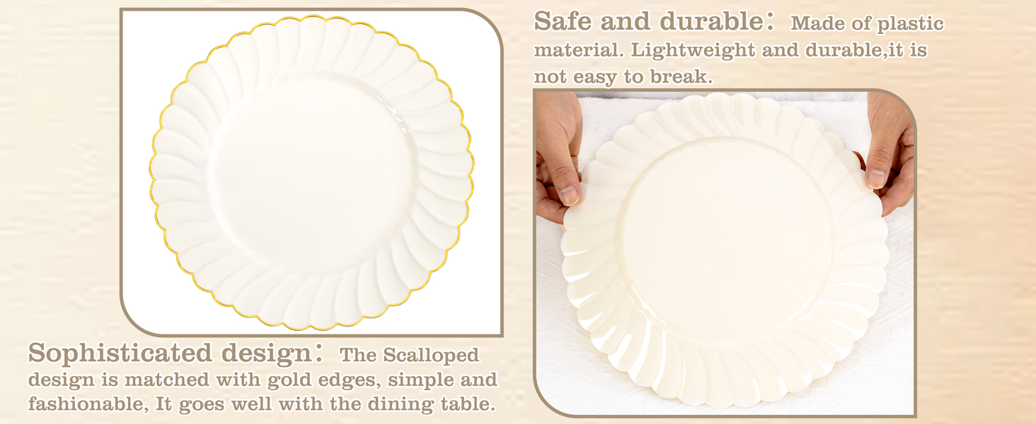 100 Pack Ivory Scalloped Plastic Plates - 7.25 Inch/10.25 Inch Gold Disposable Plates with Gold Rim