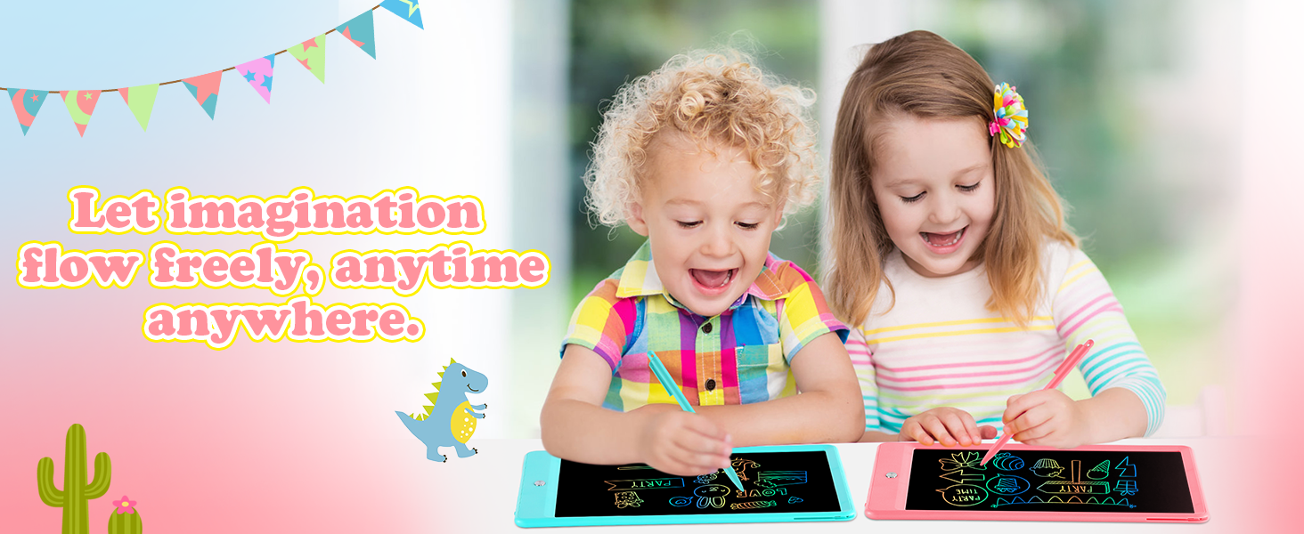 Text reads 'Let imagination' and 'how freely, anytime, anywhere'. Colorful banner scenes with children playing, decorated with festive bunting flags.