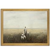 Wood Framed Jesus Wall Art, Christian Canvas Wall Decor, Jesus Leaves the 99 Sheep Poster Print P...