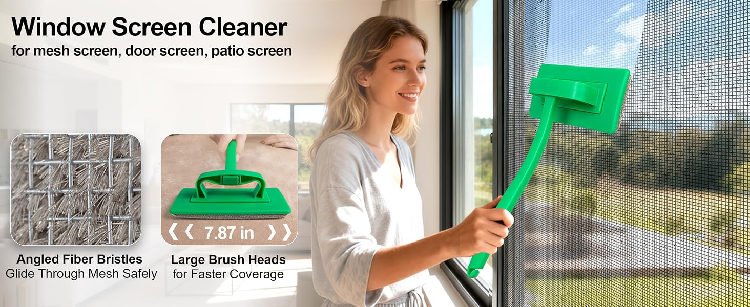 Multi-scenario window screen cleaner tool with 7.87 inch large brush heads.