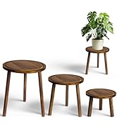 Janedream 3-Pack Wooden Plant Stands, Small Indoor Plant Stool Set, Round Wood Flower Pot Holders...