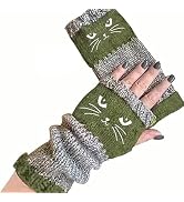 Lyercw Cat Embroidery Splicing Knitted Gloves, Warm Fashion Leaky Finger Casual Women's Glove, Fi...