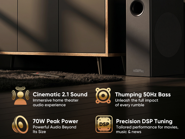 70W peak power 40W sound bar 30W passive subwoofer deep bass speaker louder television audio clear