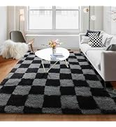 KICMOR Checkered Rugs for Living Room 5x8 Black and Grey, Fluffy Fuzzy Plush Soft Shag Area Rug, ...