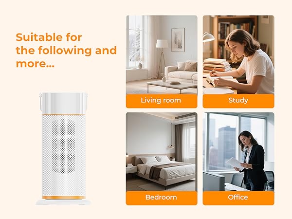 Lifestyle product images showing various room settings including bedroom, study area, and living spaces. Features a cylindrical white device.