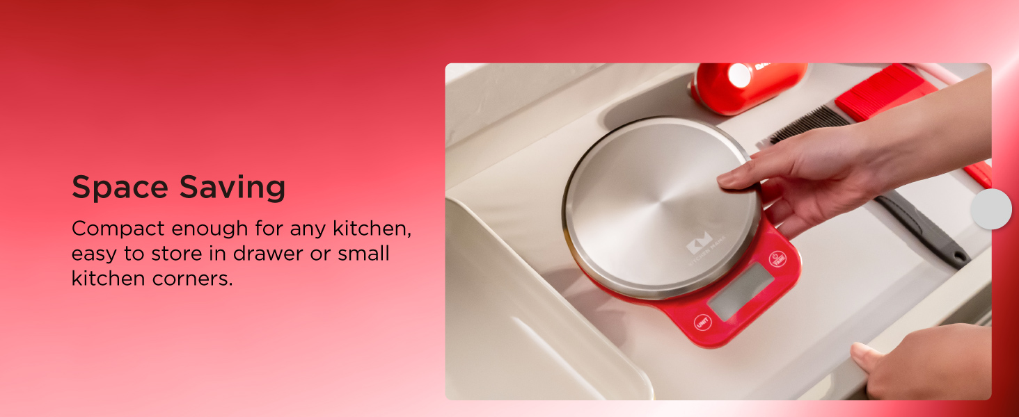 Compact digital food scale designed for easy drawer storage, countertop use, and convenient everyday