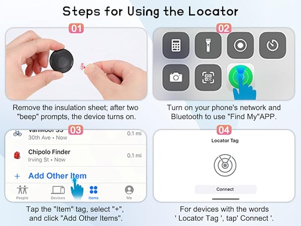 MYIWB Locator Usage Steps: Remove Insulation, Use Find My App, Add Item, Connect