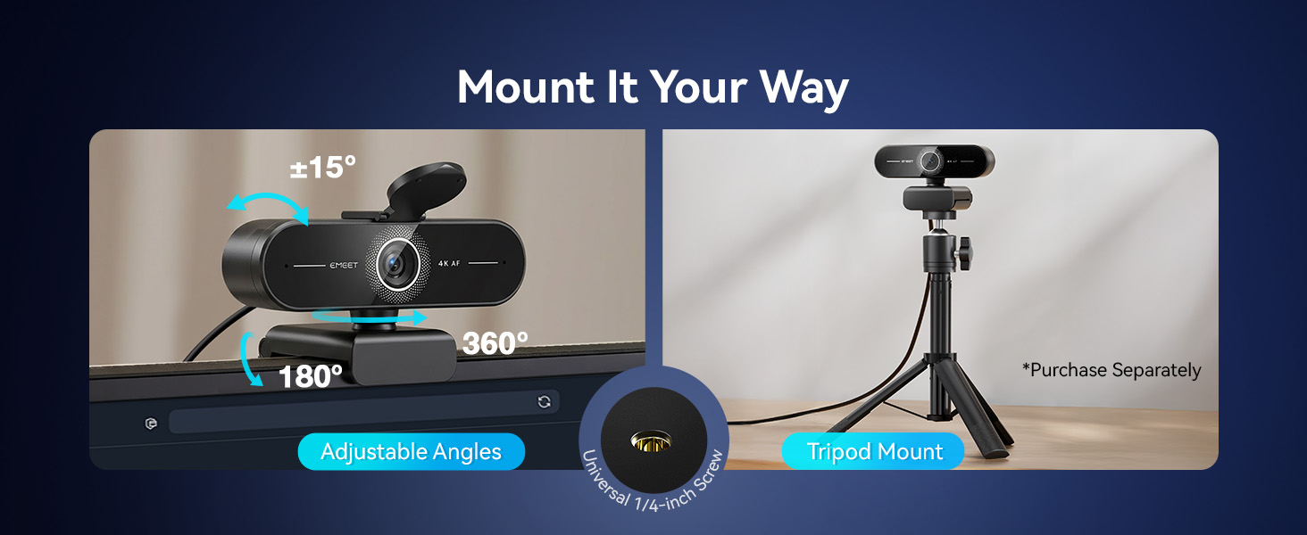 EMEET C60E 4K Webcam with Flexible Mounting and Rock Solid Design