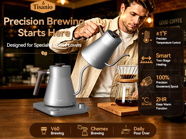 Gooseneck kettle for precision coffee brewing with temperature control system