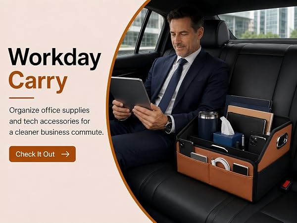 Organize office supplies and tech accessories for a cleaner business commute.