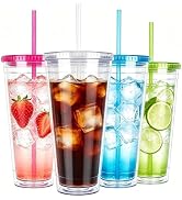 Sursip 32oz Clear Cups with Lids and Straws, Reusable Iced Coffee Tumblers | BPA Free Acrylic Pla...