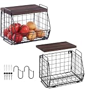 LIGHT DUST Wall Storage Hanging Baskets 2 Pack - Large Wooden Top Wire Basket Organizers & S Hook...