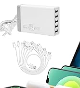 Deefielly Bamboo Charging Stations for Multi Devices with 5 Port USB Charger, 6 Cables, Desktop W...