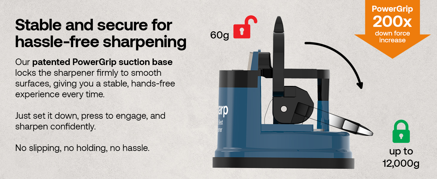 Our patented PowerGrip suction base locks the sharpener firmly to smooth surfaces