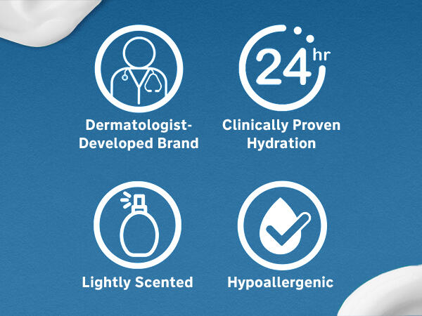 Dermatologist developed brand. 48 hour clinically proven hydration. Hypoallergenic. No fragrance.