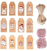 100 PCS Christmas Kraft Gift Tags,Xmas Brown Kraft PaperTags Pre-Punched with Holes Hang Labels w...