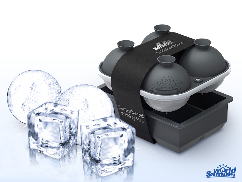 1 black silicone ice cube tray and 1 grey sphere ice molds stack together