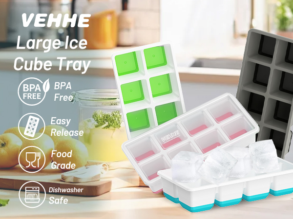 Large ice cube trays in various colors. Features include BPA-free, easy release, food grade, and dishwasher safe. Trays shown filled with ice and empty, demonstrating large cube sizes.