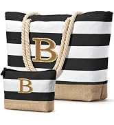 Becokan Beach Bag Initial Beach Tote with Makeup Bag for Travel Work Storage Personalized Birthda...
