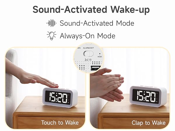 sound activated alarm clock sound sensor touch to wake clap always on display modes