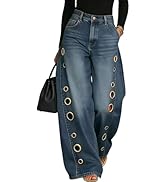 Inroserm Women's Summer Wide Leg Baggy Eyelet Jeans Casual Mid Rise Barrel Cut Out Denim Pants wi...