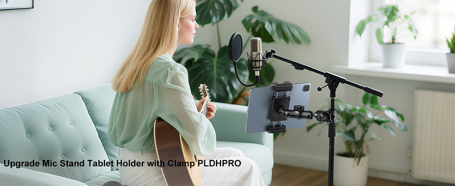 PLDHPRO Tablet Holder for Mic Stand, 360° Swivel iPad Music Stand Mount for Microphone with Clamp