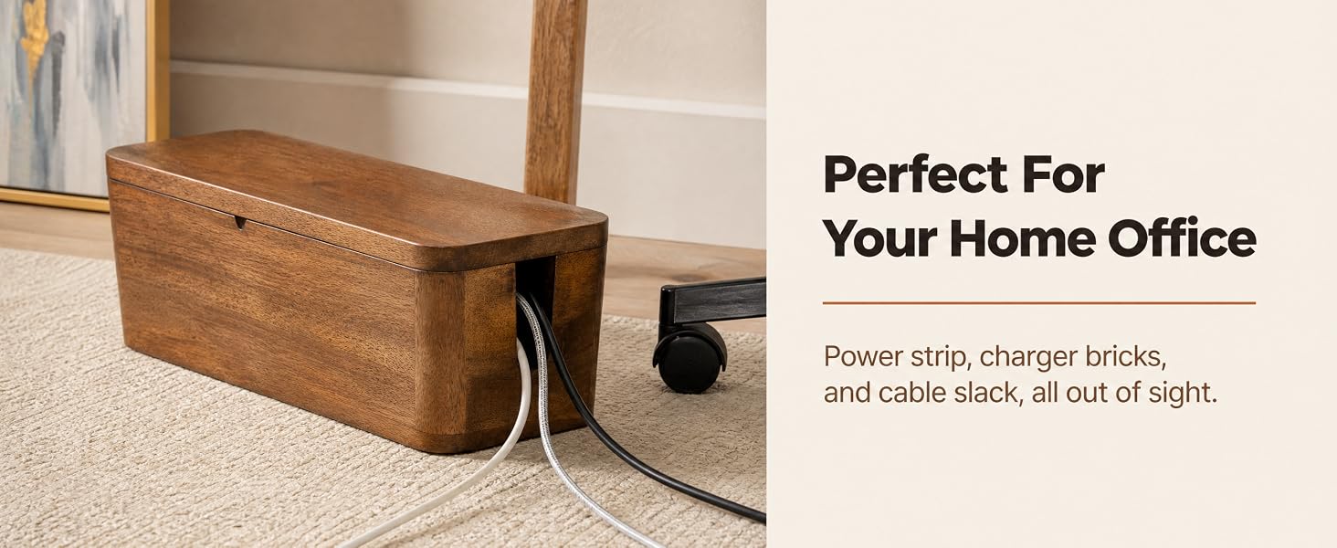 Mango wood cable box under a desk holding a full-size power strip, lid closed