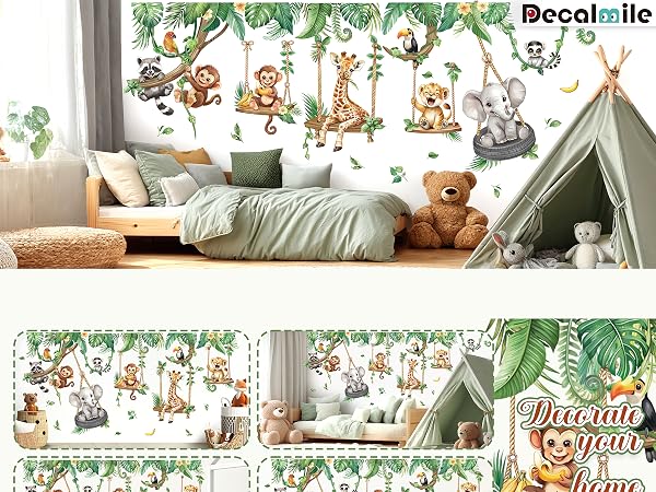 Text reads 'Decallife'. Children's room decor showing wall decal with cute cartoon monkeys swinging on vines, displayed above bed with grey bedding and teepee tent.
