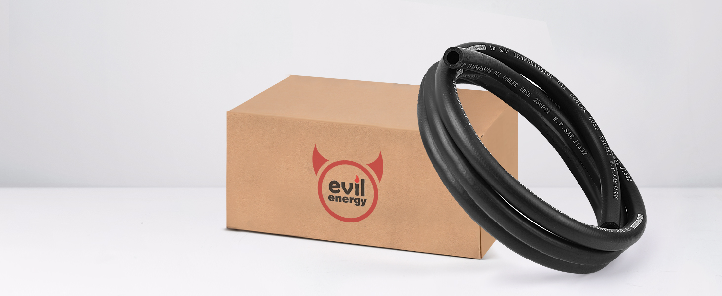 SAE J1532 transmission oil cooler hose displayed beside an EVIL ENERGY box