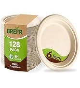 BREFR 128 Pack 6 Inch Compostable Plates, Biodegradable Heavy Duty Dessert Plates – Eco-Friendly ...