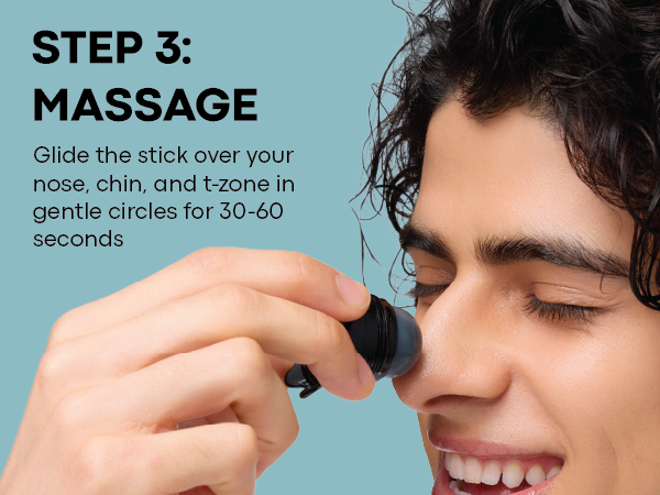 Step 3 - Massage: model gliding Tako Scrub Stick over nose in gentle circles.