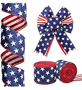 JarThenaAMCS 2 Rolls Patriotic Wired Edge Ribbon Double Sided 4th of July Red White Blue Star Str...