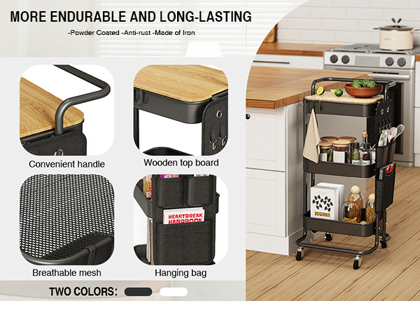 3-tier white metal rolling cart with cover board and side bag