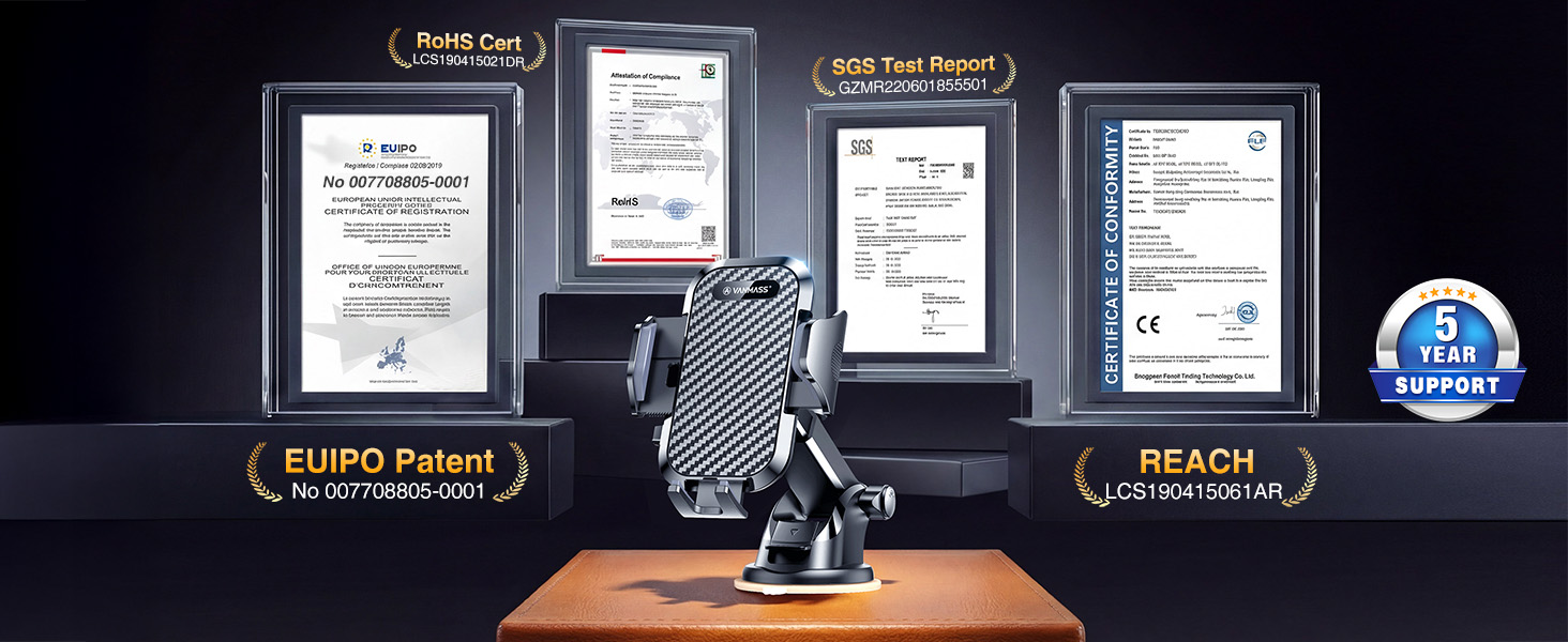 Text reads 'Image 5', 'EUIPO Patent', 'REACH'. Display of multiple certification documents with phone mount device in center against dark background.