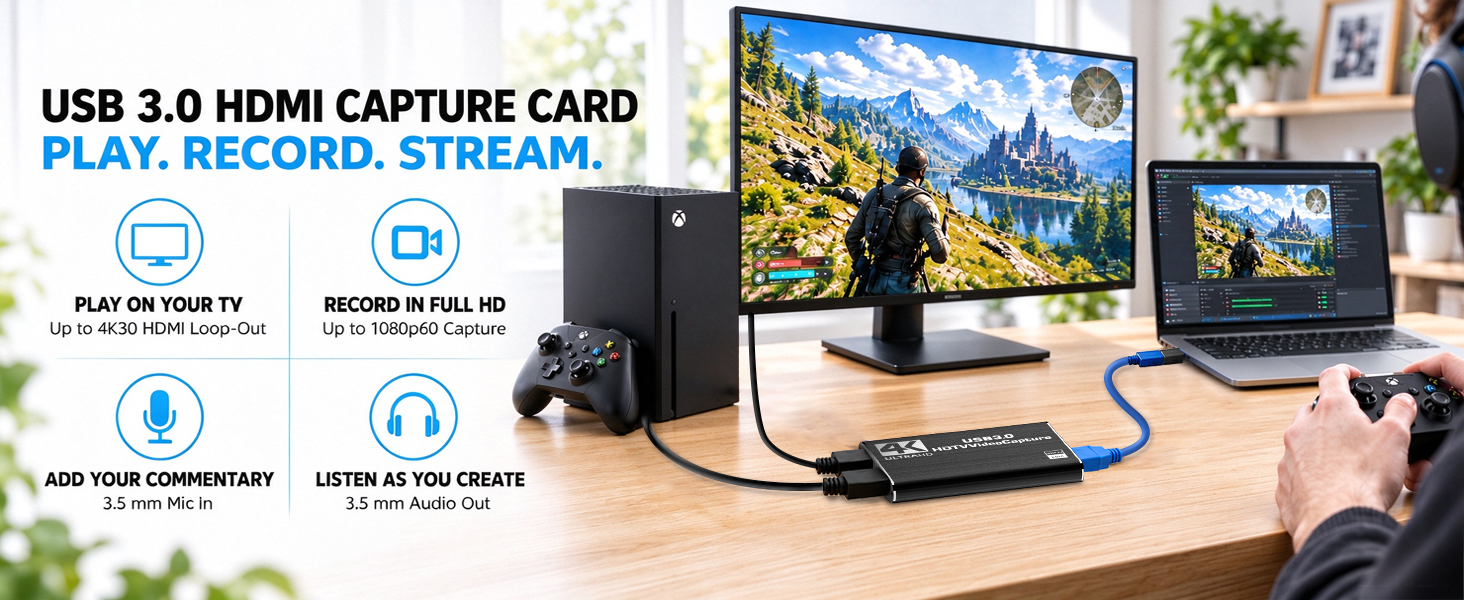 4K HDMI gaming video capture card for streaming recording for Nintendo Switch PS4 PS5 Xbox Camera