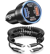 65W USB C Car Charger with Retractable Coiled USB C Cords, OKRAY 4-Port Car Charger PD30W&QC3.0 F...