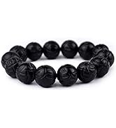 vv8oo Bracelet Natural Bian Stone Black Beads Round Stretch Elastic Hand String for Women Men (Bl...