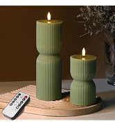 Girimax Olive Green Ribbed Flameless Pillar Candles with Remote, LED Candles Battery Operated Fli...