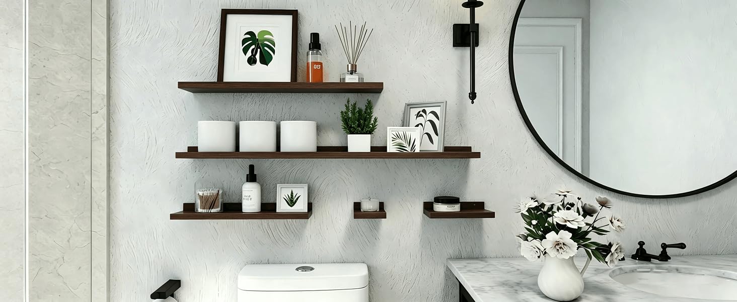 walnut shelves in bathroom