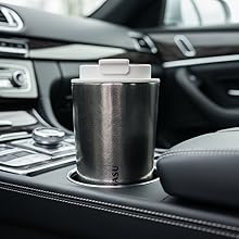 KOYASU Ti-Zen Titanium Tumbler in car cup holder. 1668°C, TiO2 layer, ultralight travel mug. Grey.