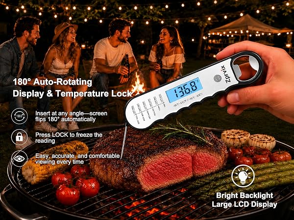 BBQ grill thermometer with 180° rotating screen and temperature lock for outdoor cooking