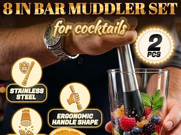 Stainless steel muddler with bar design features