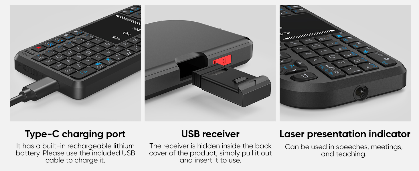 Mini Bluetooth keyboard, supports Type-C charging, includes a receiver and laser pointer.