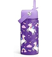 SANDJEST Unicorn Kids Water Bottle With Straw Lid 12oz Insulated Stainless Steel, Travel Tumbler,...