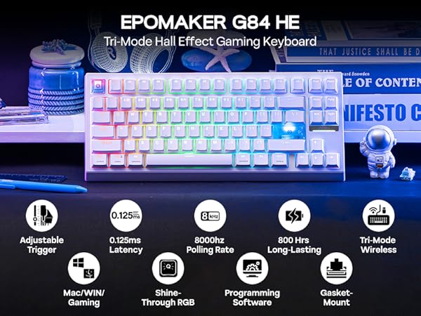 Text reads 'EPOMAKER G84 HE Tri-Mode Hall Effect Gaming Keyboard'. RGB backlit compact keyboard with icons showing features including '0.125ms Latency', '8000hz Polling Rate', 'Programming Software'.