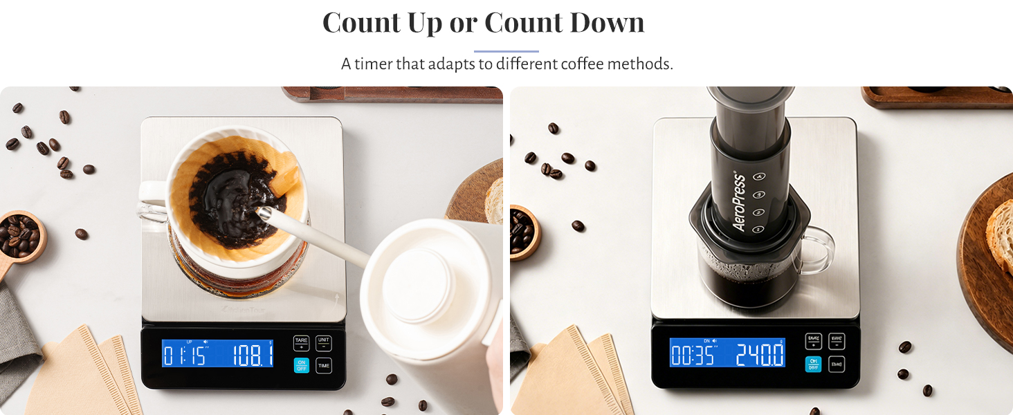 coffee scale with count up and count down timer
