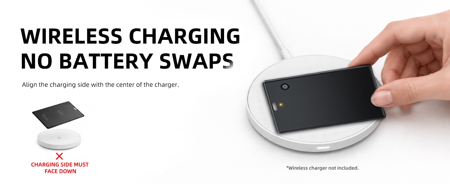 UQO wireless rechargeable card tracker on a Qi charging pad; charger not included