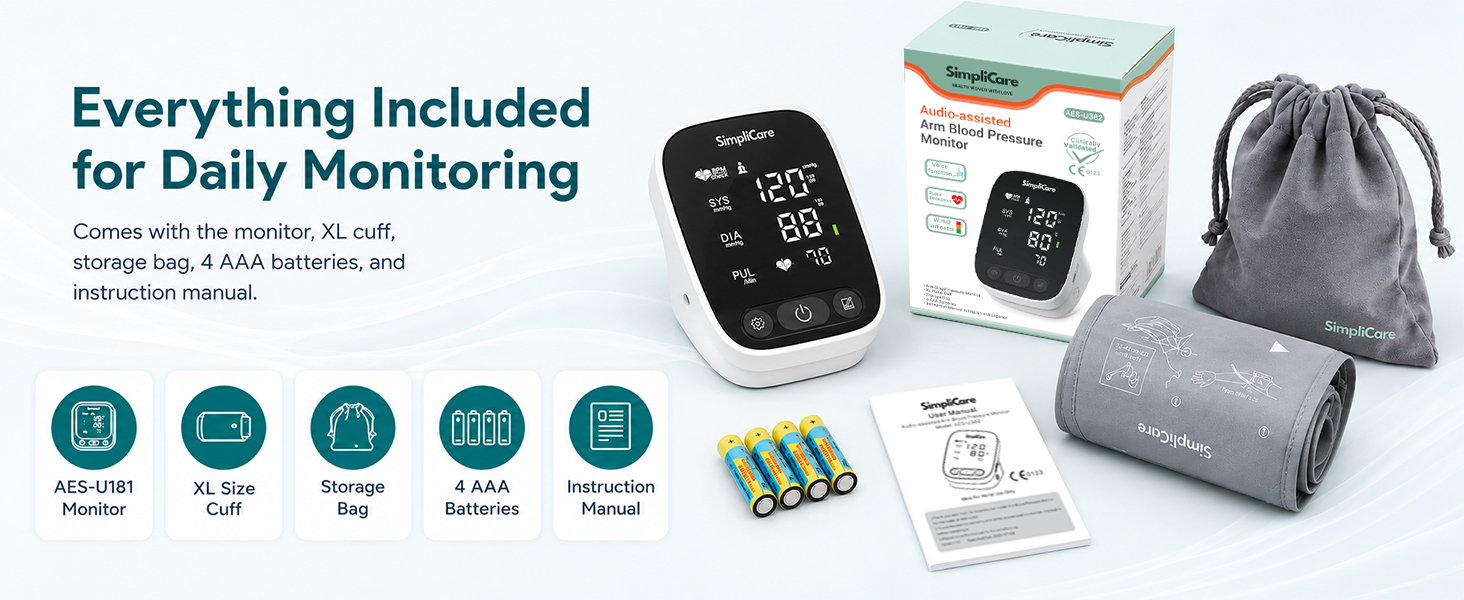 SimpliCare AES-U382 upper arm blood pressure monitor with XL cuff for home use